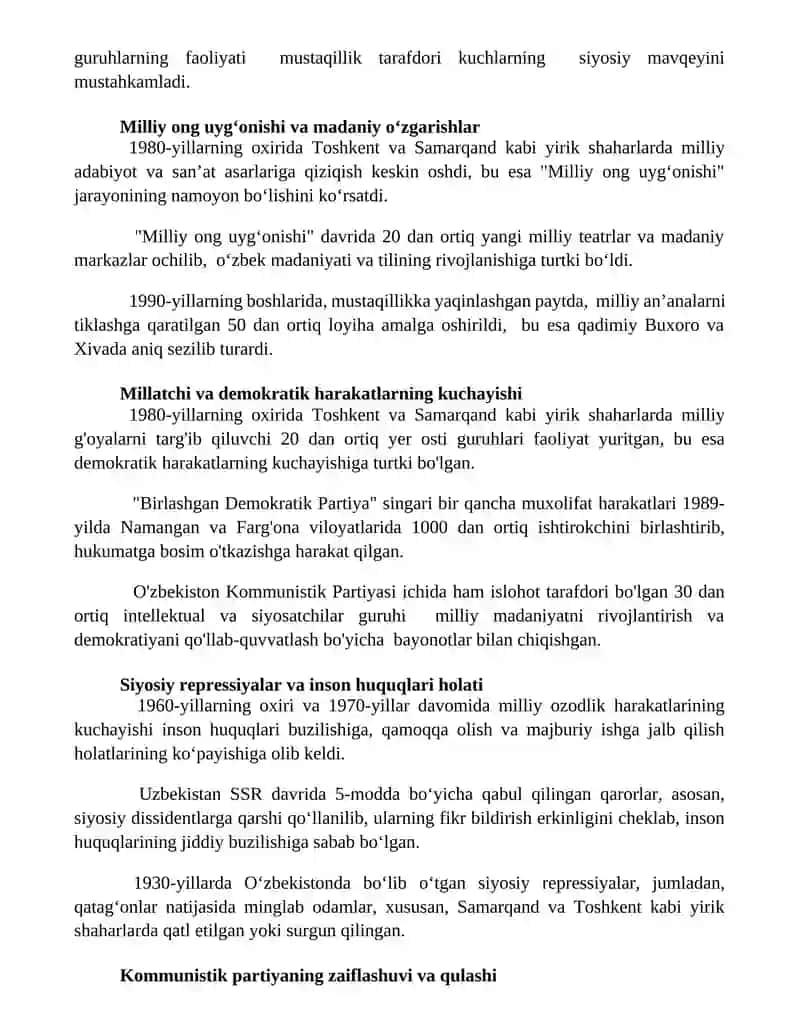 Mustaqilikka erishish arafasida Oʻzbekistondagi ijtimoiy -siyosiy jarayonlar 2
