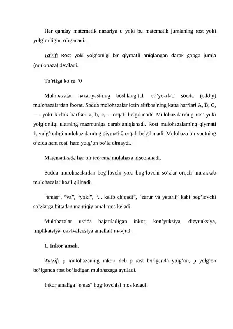 Mulohazalar algebrasi asosiy teng kuchliliklar 2