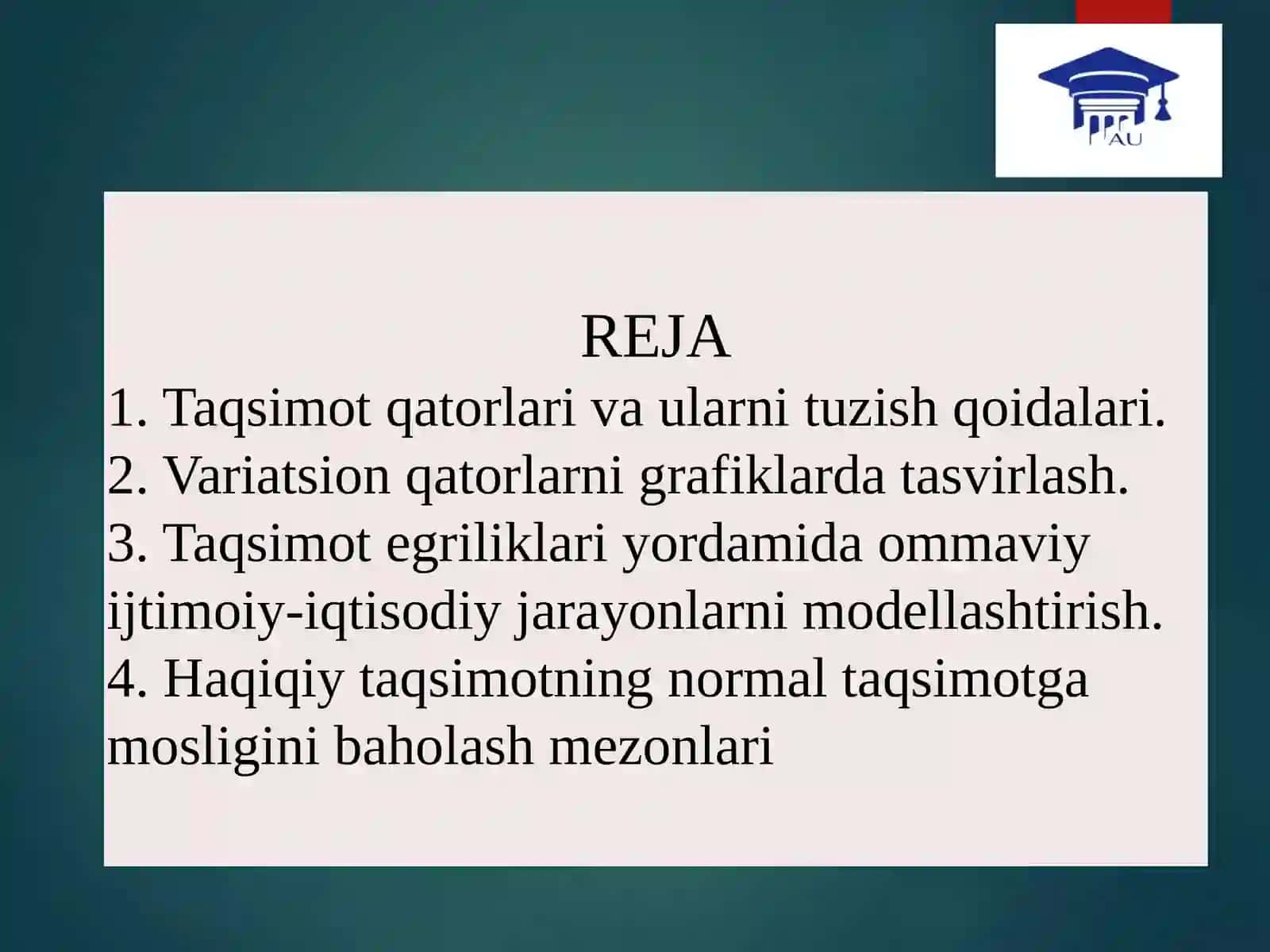 Nazariy taqsimotlar va ularning ommaviy-iqtisodiy jarayonlarni modellashtirish dagi tatbiqlari 2