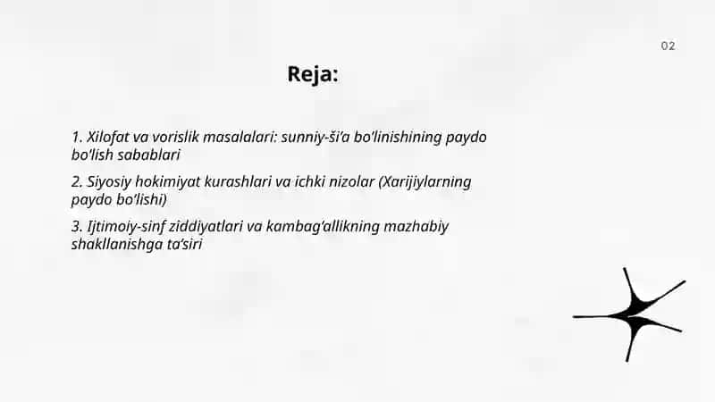 Islom oqimlari va yoʻnalishlarining paydo boʻlishi sabablari, e'tiqodidagi boʻlinishlarning sabablari va oqibatlari 2