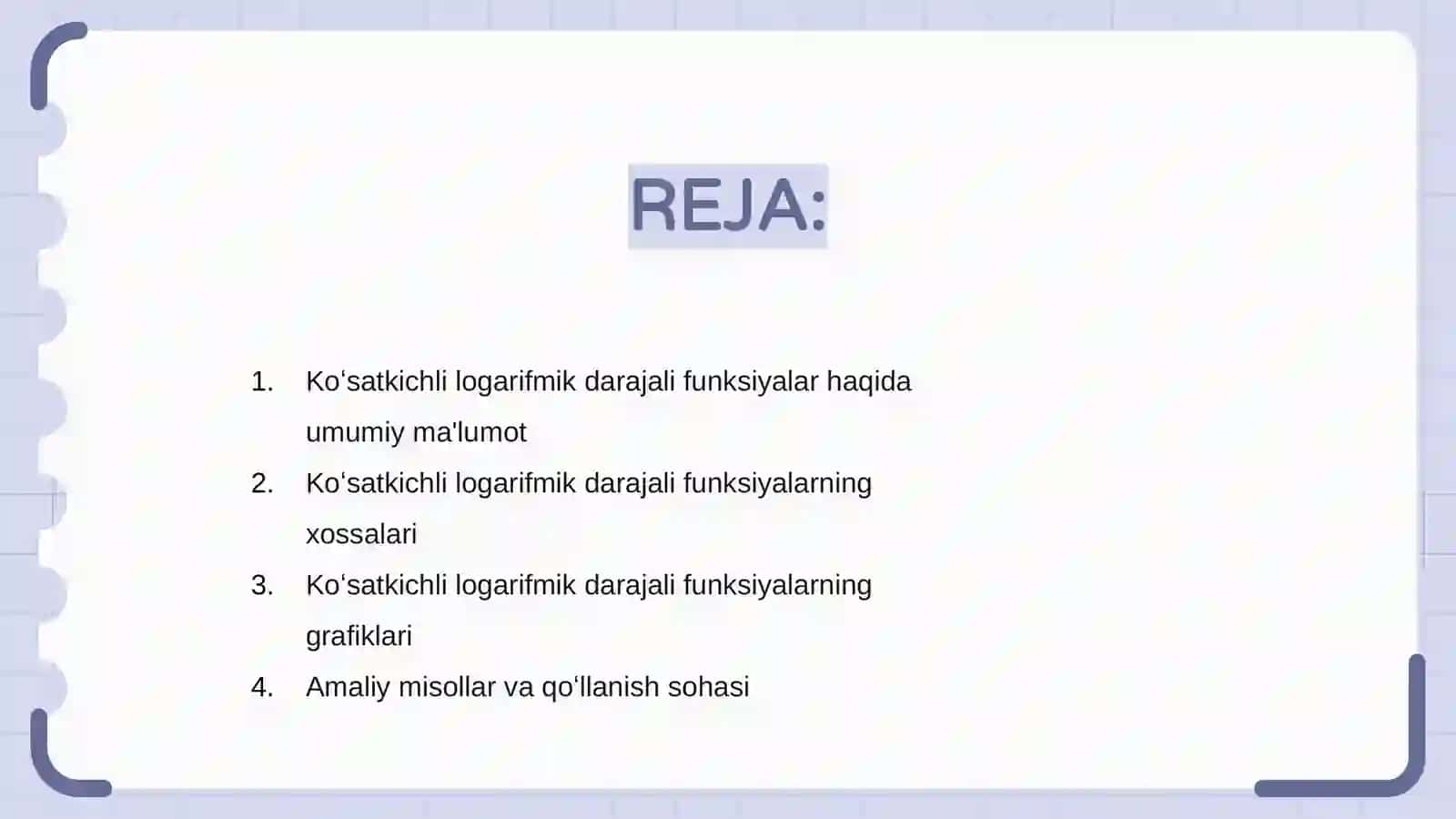 Koʻsatkichli logarifmik darajali funksiyalar va ularning xosalari 2