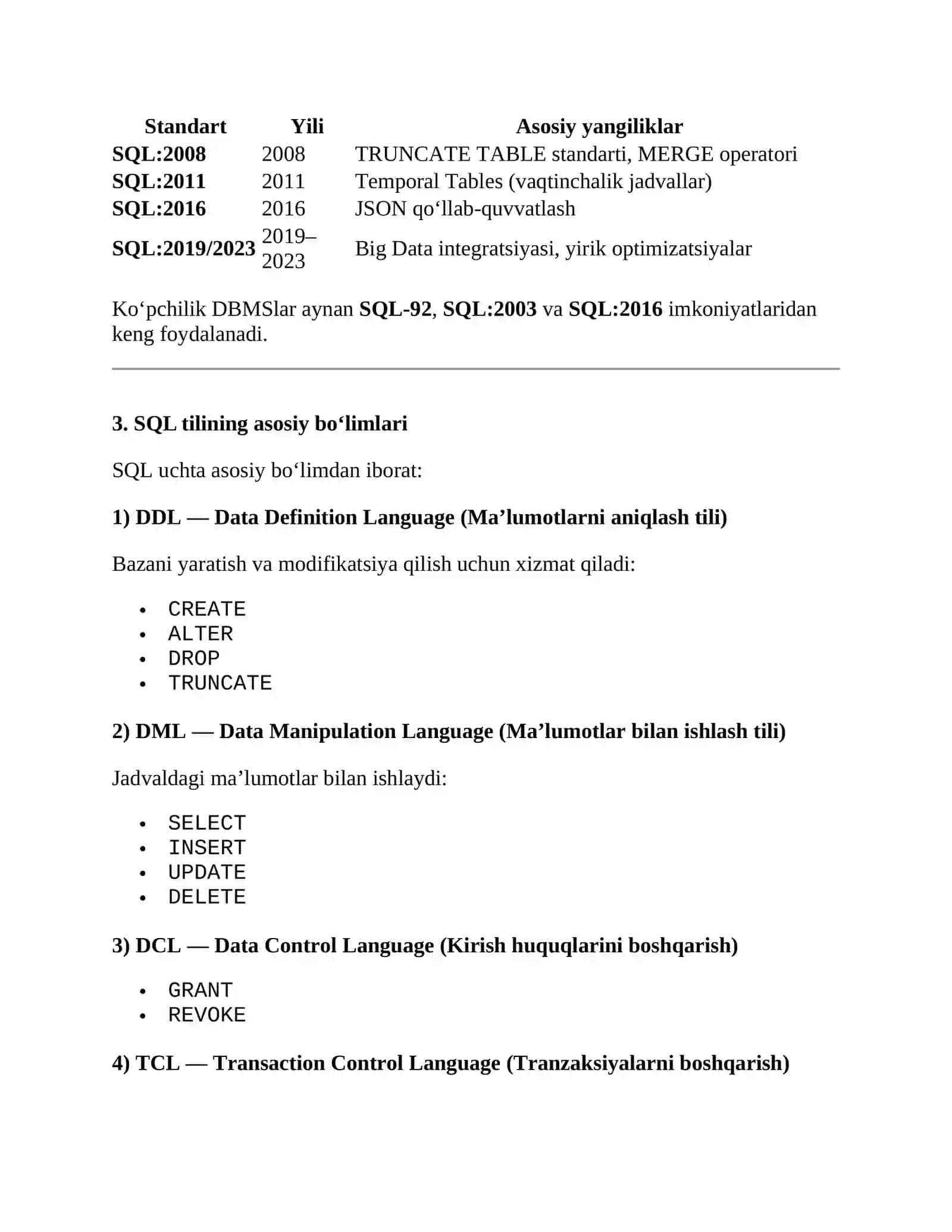 SQL STANDARTLARI VA ASOSIY TARKIBI 2