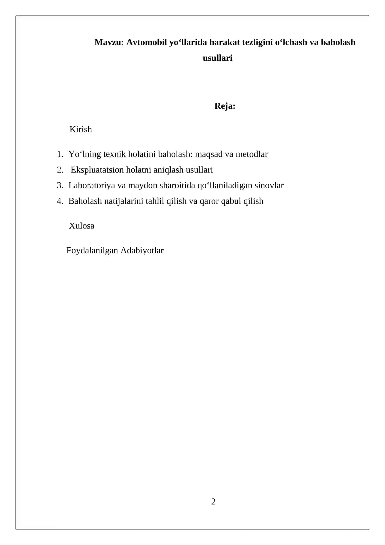 Avtomobil yoʻllarida harakat tezligini oʻlchash va baholash usullari 2
