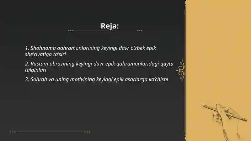 Firlavsiy “Shohnoma”si qahramonlarining keyingi davr epik poeziyasiga kóchishi 2