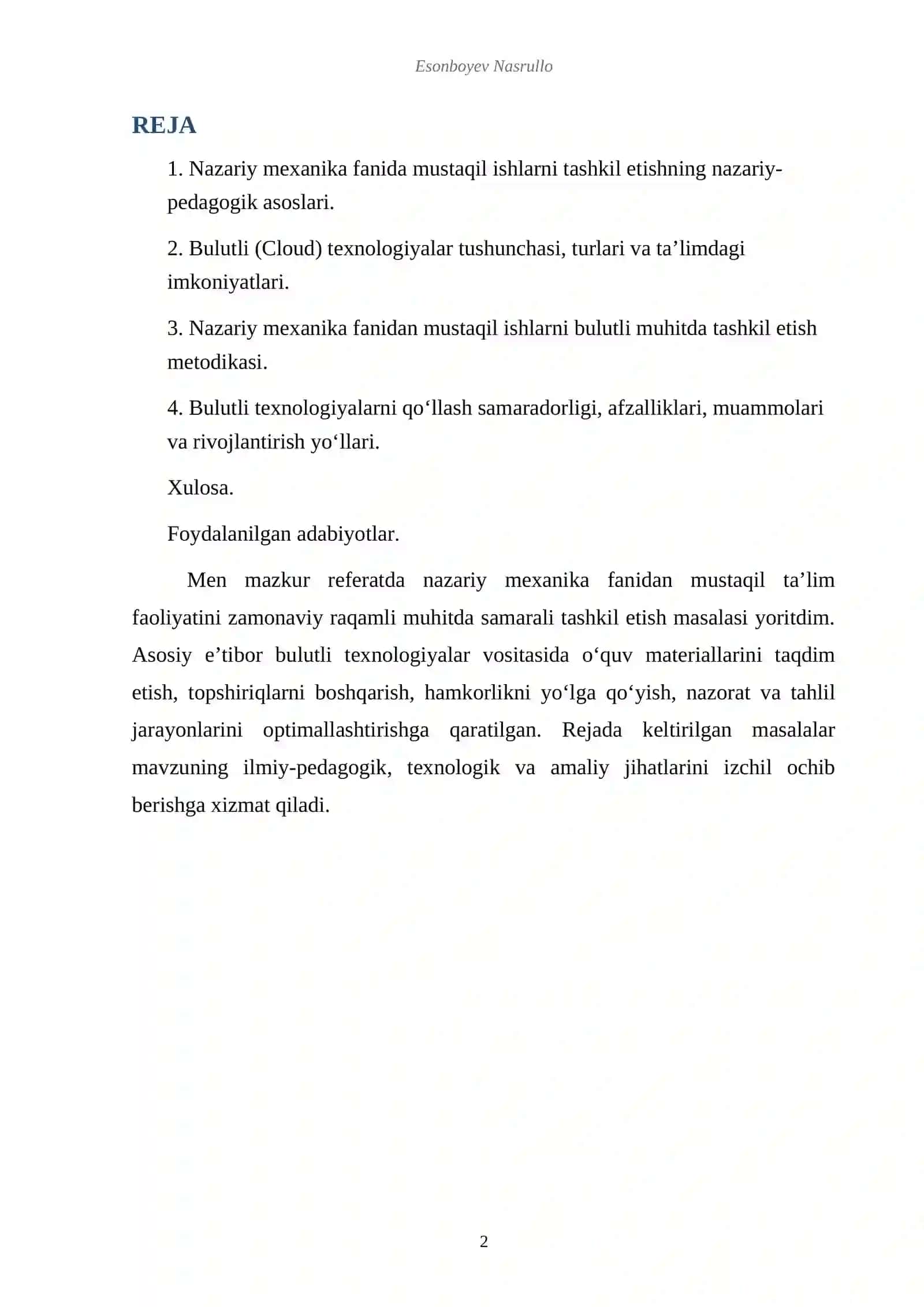 Nazariy Mexanika Fanidan Mustaqil Ishlarini Tashkil Etishda Bulutli (Cloud) Texnologiyalarning O‘rni 2