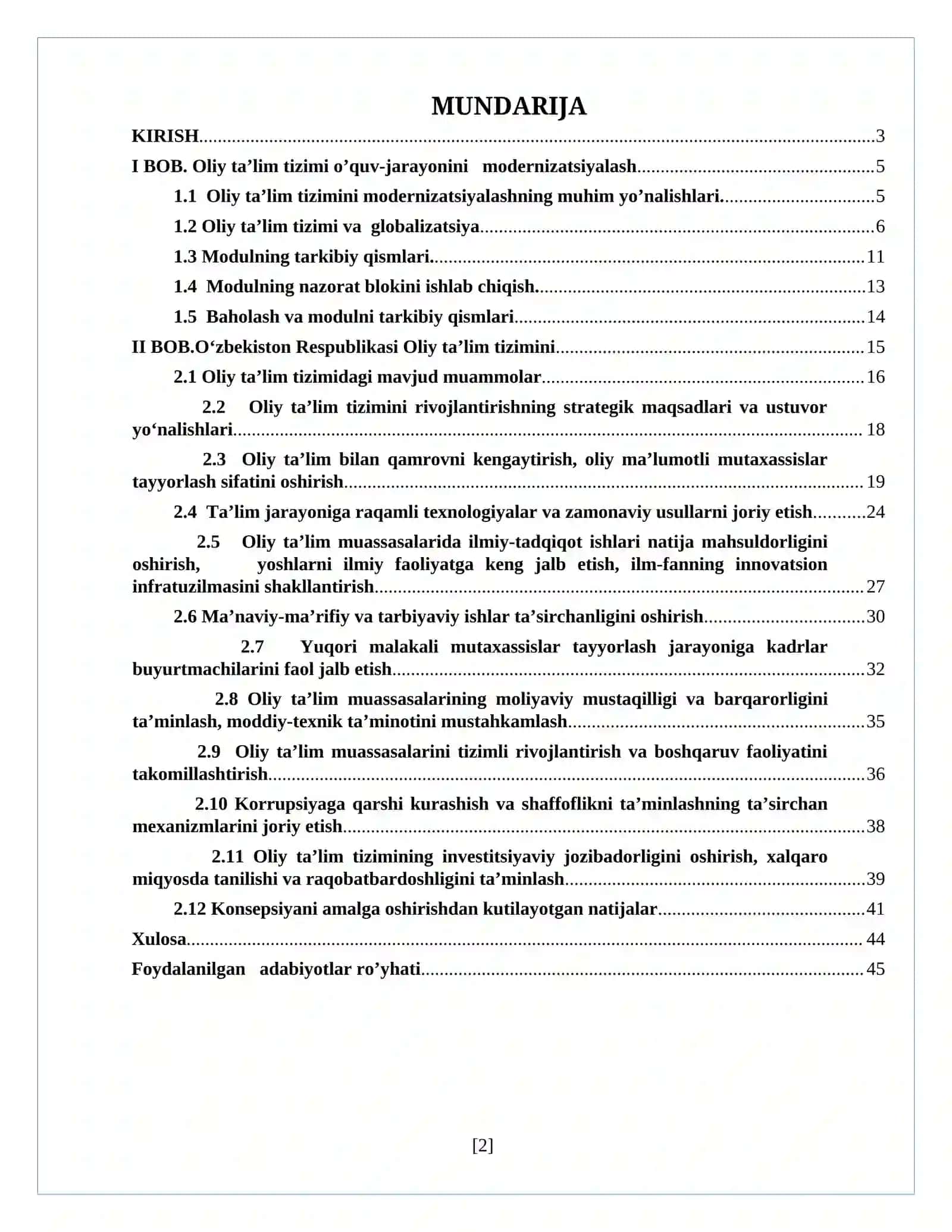 Oliy ta'lim tizimini modernizatsiyalashning ustuvor yo'nalishlari 2