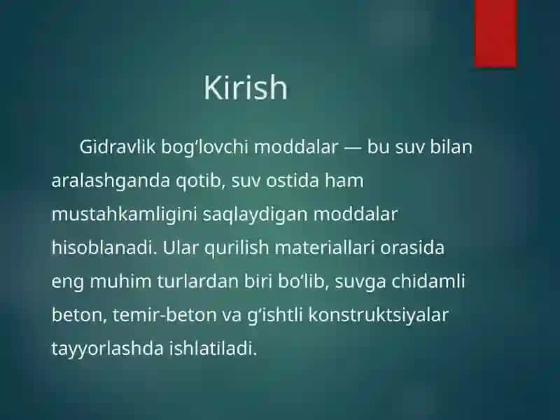 Gidravlik bog‘lovchi moddalar turlari, xossalari, afzallik va kamchiliklari 2