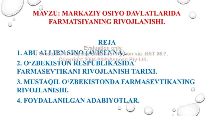 9. Markaziy Osiyo davlatlarida farmatsiyaning rivojlanishi. Taqdimot 13 bet. 2