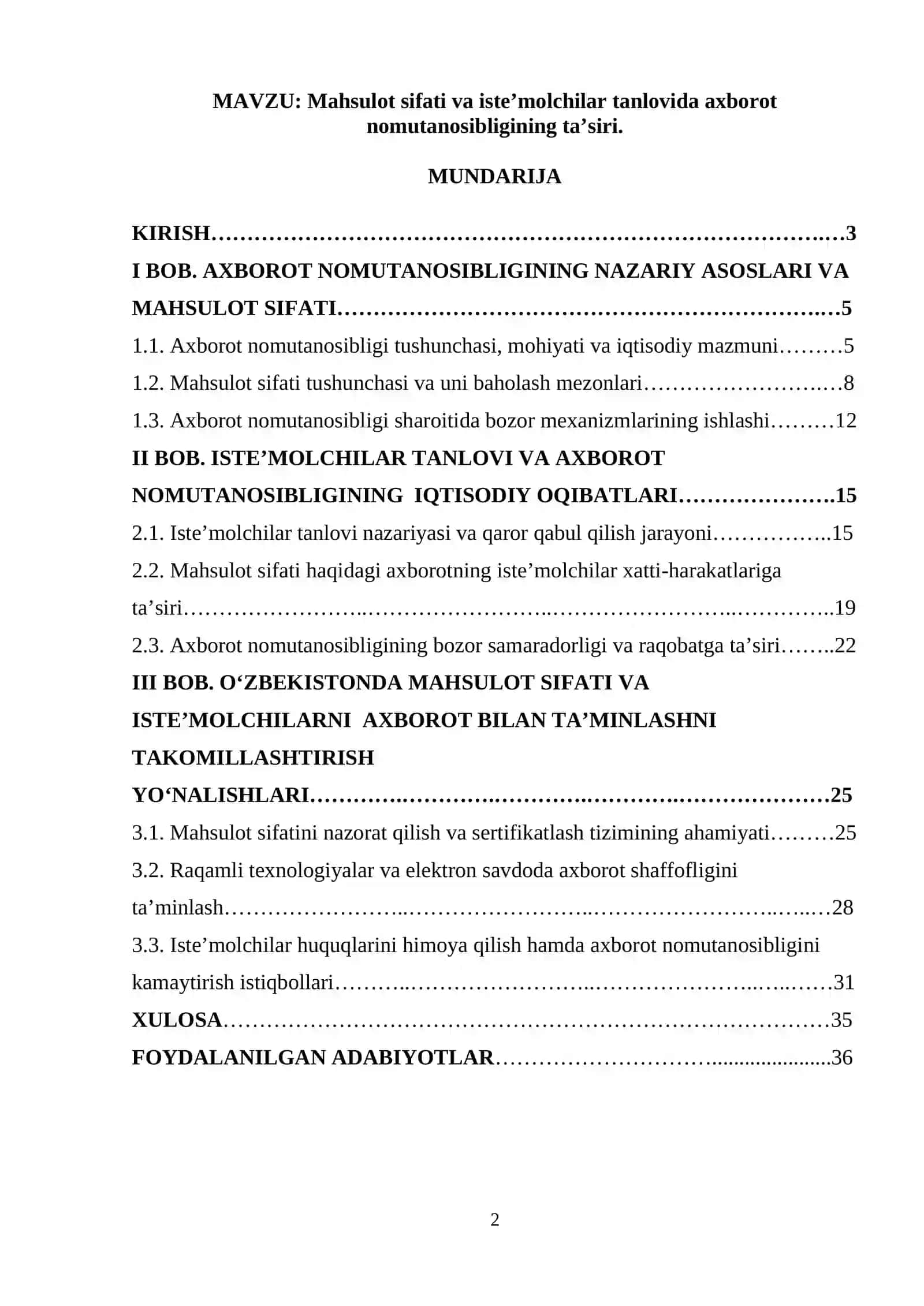 Mahsulot sifati va iste’molchilar tanlovida axborot nomutanosibligining ta’siri 2