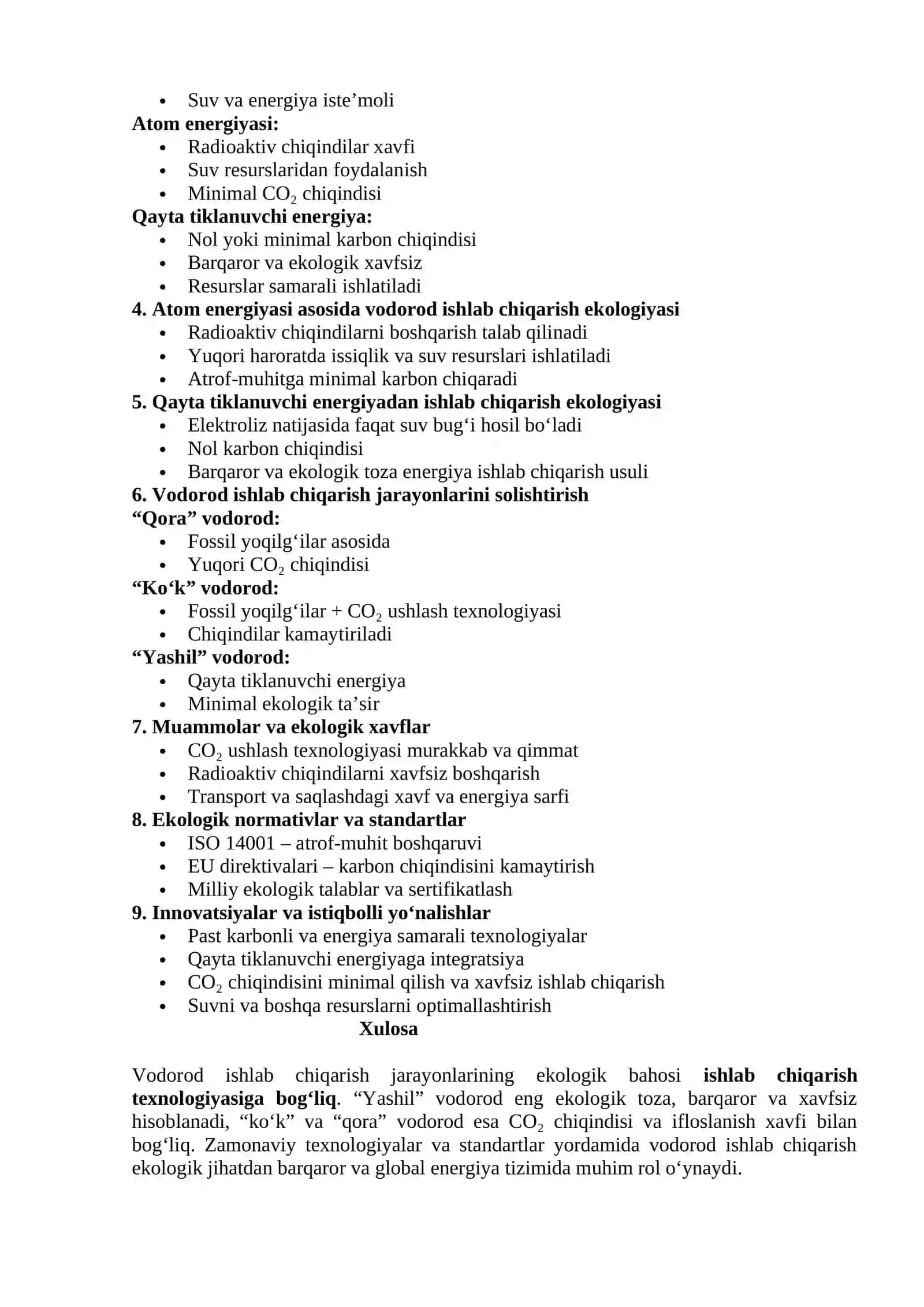 Vodorod ishlab chiqarish jarayonlarining ekologik bahosi 2