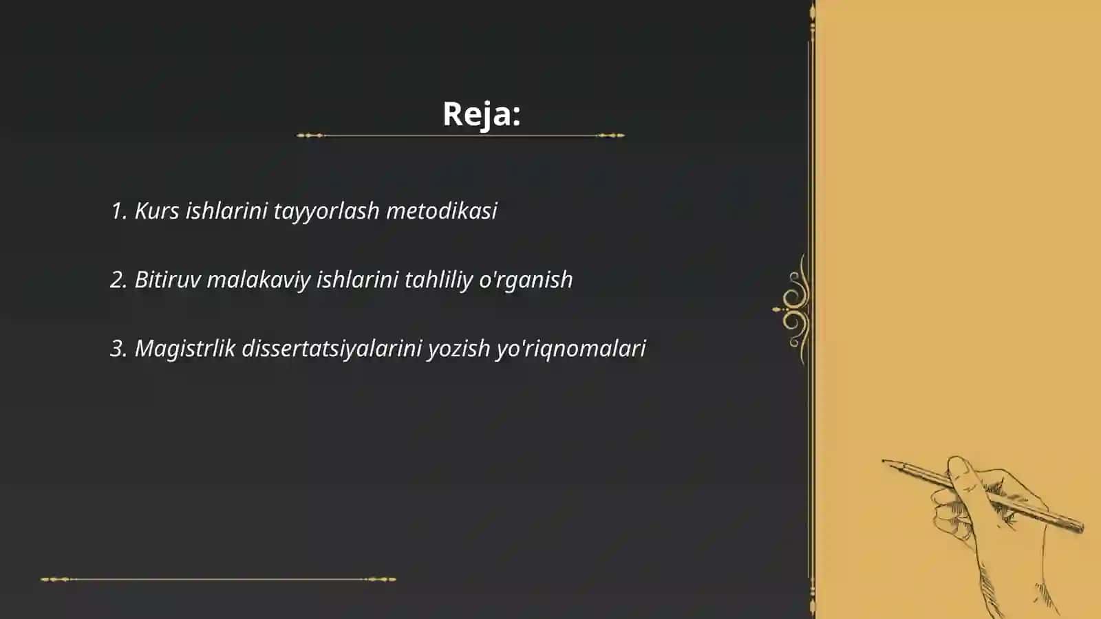 Kurs ishi bitiruv malakaviy ishlar magistirlik va doktirlik desertatsiyalari o'quv qo'llanma hamda darsliklar managrafiyalarni tahliliy o'rganish va ularni tayyor lash metodikasi 2