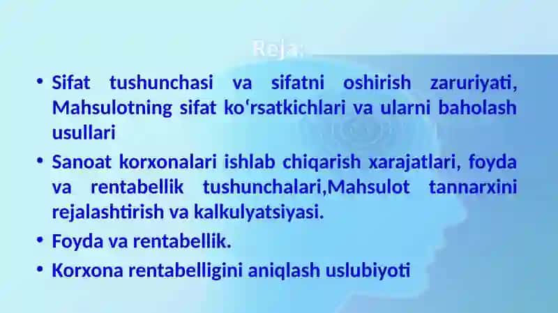 SANOAT MAHSULOTINING SIFATI VA UNING RAQOBATBARDOSHLIGI SANOAT KORXONALARIDA ISHLAB CHIQARISH XARAJATLARI, FOYDA VA RENTABELLIK 2