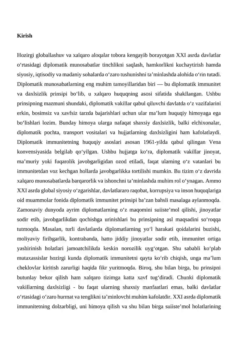 Diplomatik immunitetning daxlsizligi prinsipi: XXI asrda uning dolzarbligi va suiiste’mol qilinishi holatlarining tahlili 2