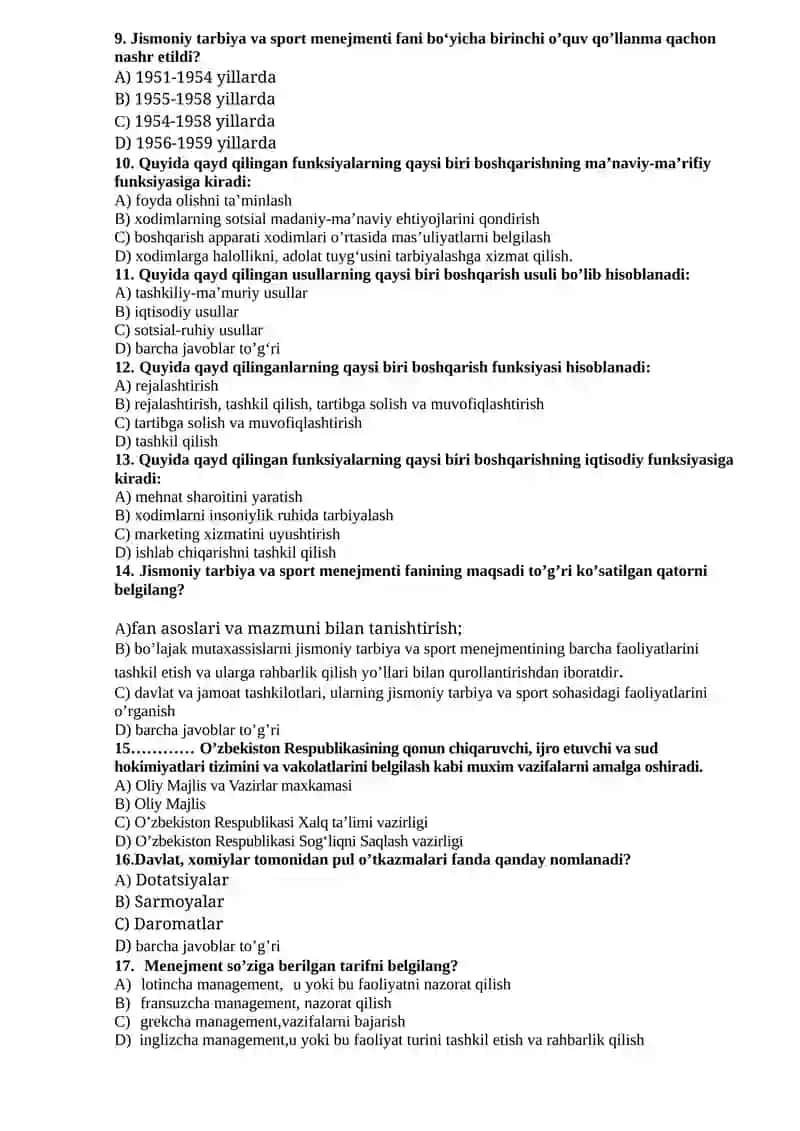 Jismoniy tarbiya va sport menejmenti fanidan VIII -simestr uchun oraliq nazorat test savollari 2