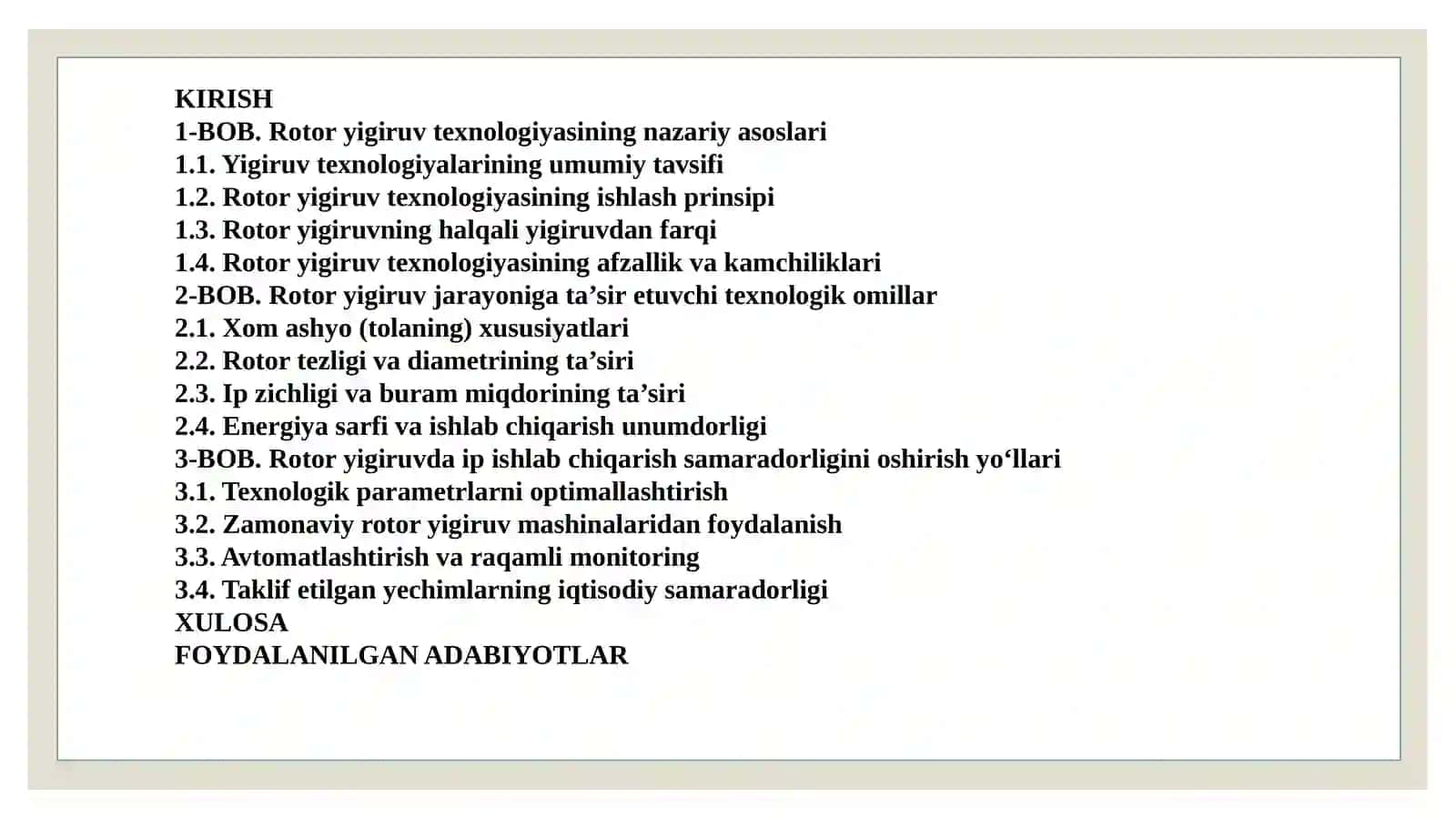 ROTOR YIGIRUV TEXNOLOGIYASI ASOSIDA IP ISHLAB CHIQARISH SAMARADORLIGINI OSHIRISH 2