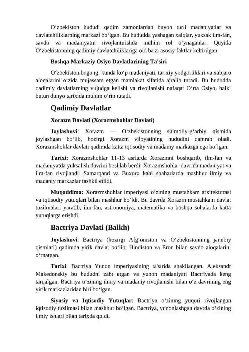 MAVZU:O’ZBEK DAVLATCHILIGI TARIXI: YURTIMIZDAGI ENG QADIMGI DAVLATLAR 2