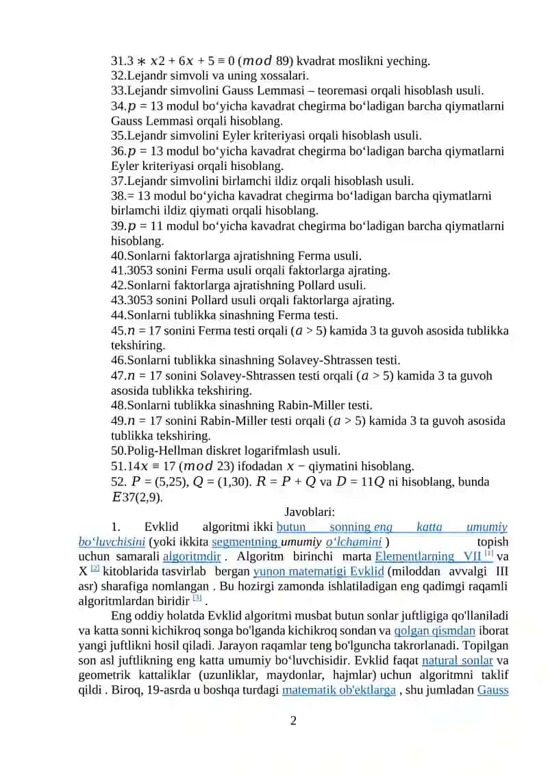 Kriptografiya 1 fani bo‘yicha yakuniy nazorat savollari 2