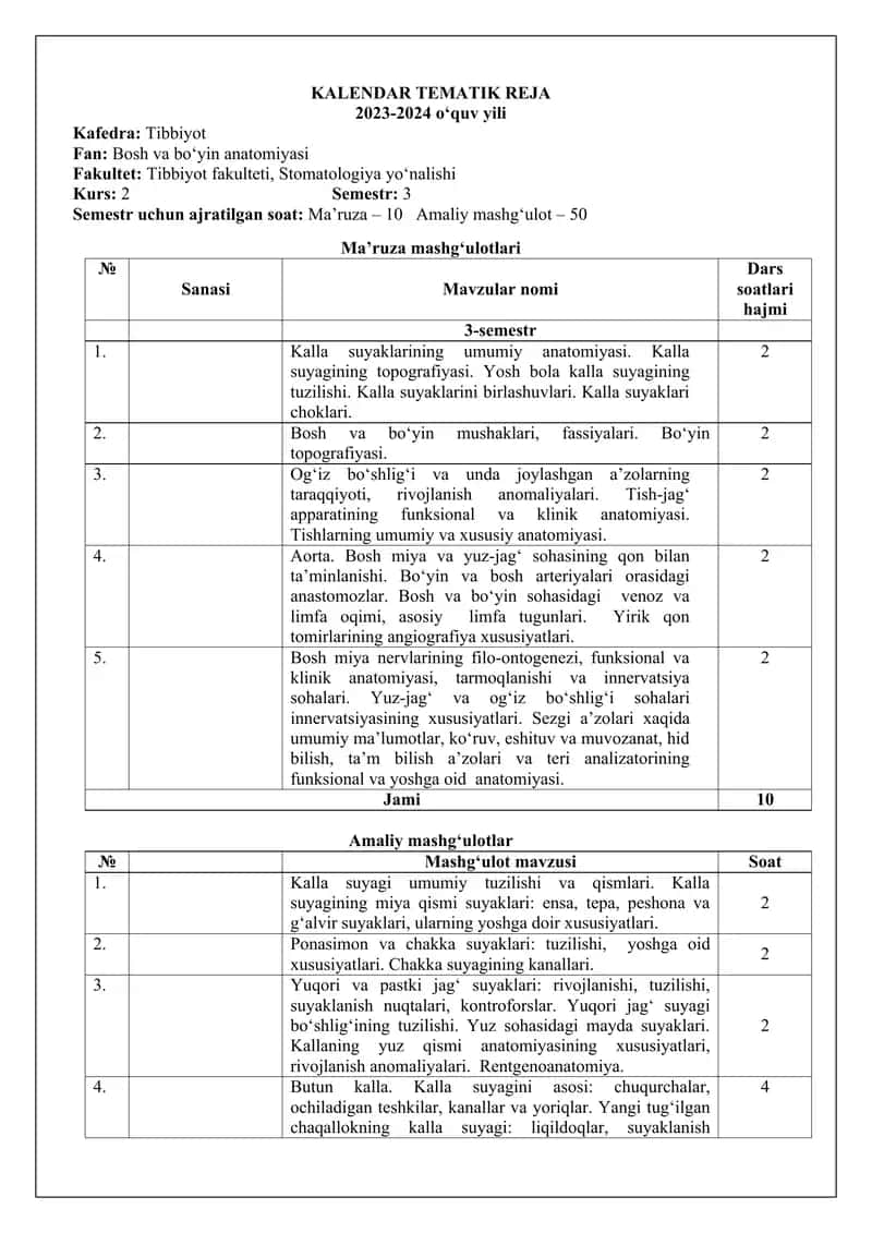 Kalendar tematik reja "Bosh va bo‘yin anatomiyasi" 2