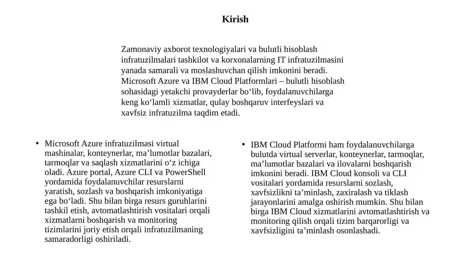 Microsoft Azure, IBM Cloud Platform Cloud tizimi infrastrukturasidagi xizmatlarni sozlash 2