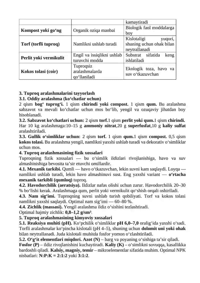 Tuproq aralashmalarini tayyorlash va ularning fizik-kimyoviy xossalari 2