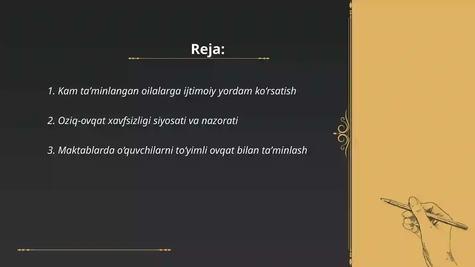 Kam taʼminlanganlik darajasini qisqartirish,oziq ovqat xavfsizligi va ovqatlanish, sogʻlik va farovonlik,sifatli talim 2