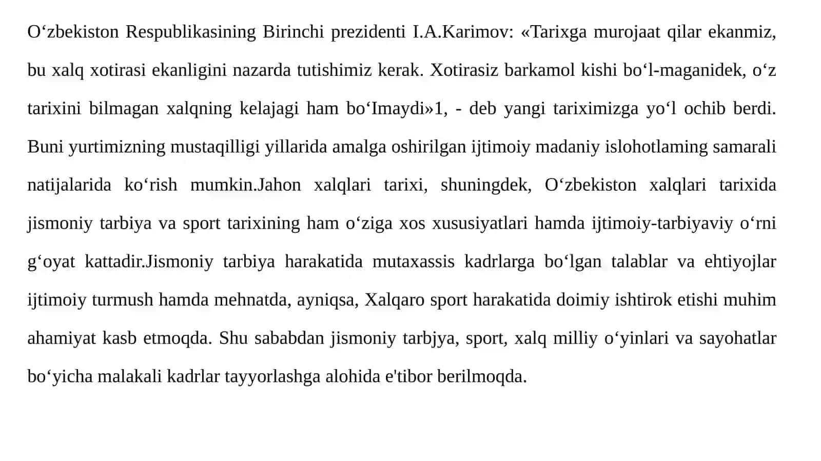 O‘zbekiston Respublikasi hukumatining jismoniytarbiyava sport bo‘yicha qabul qilgan hujjatlarining ahamiyati 2