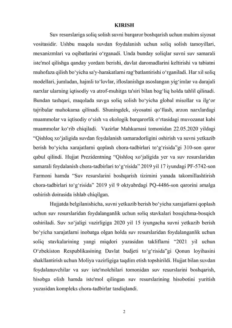 Suv resurslaridan foydalanganlik uchun soliq 2