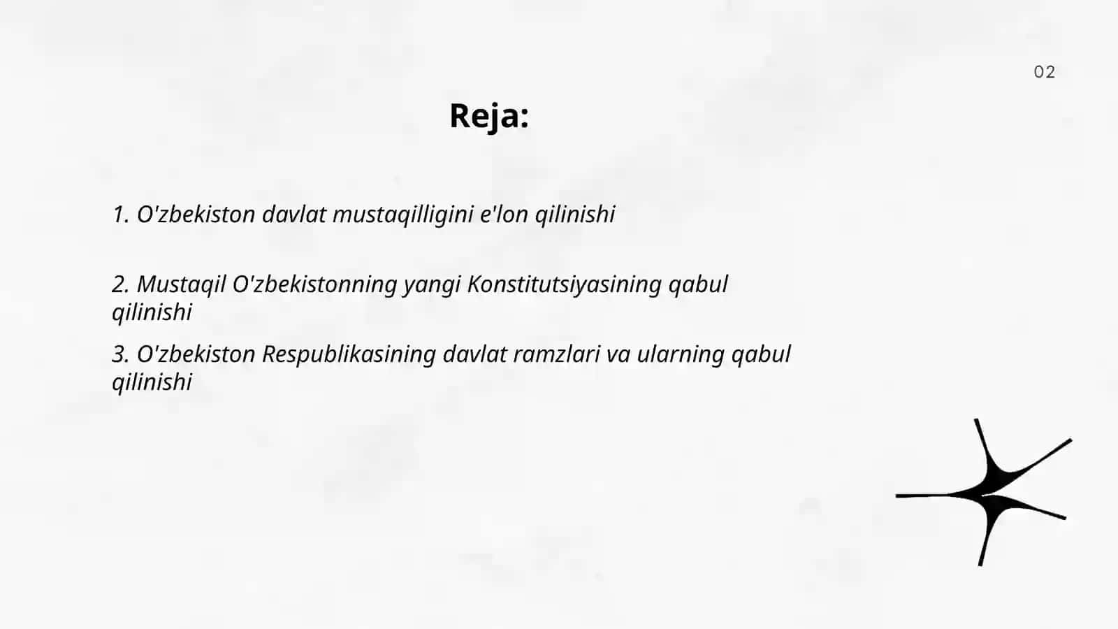 O'zbekistonda davlat mustaqiligining qo'lga kirilishi,xuquqiy demokratik davlat va fuqarolik jamiyati asoslarining barpo etilishi 2