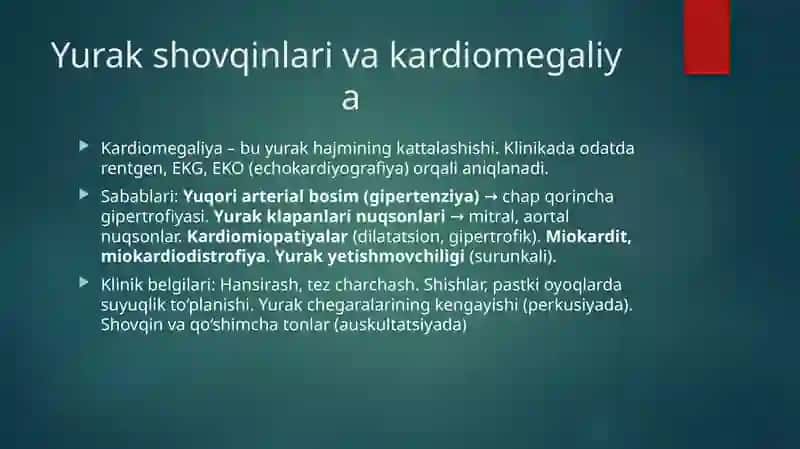 Yurak shovqinlari va kardiomegaliya. YUrak cho‘qqisida shovqin borligini taqqoslama tashxisot. Funksional (miokardial, anemik, qon o‘zgarishlarida, isitmada) va organiq (mitral klapan etishmovchiligi, mitral teshik stenozi, mitral klapan prolapsi, aortal klapan tug‘ma nuqsonlari shovqinlarini baholash. OSHtaktikasi». 2