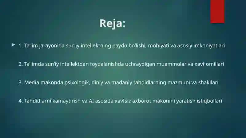 Ta’limda sun’iy intellekt: muammo va istiqbollar. Media makonda psixologik, diniy va madaniy tahdidl 2