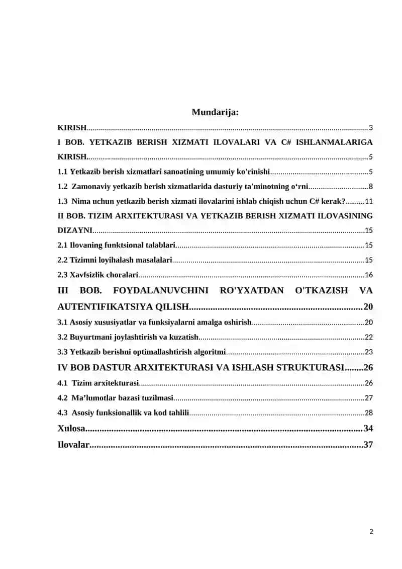 "C# DASTURIDA YETKAZIB BERISH XIZMATI UCHUN DASTURIY ILOVA YARATISH" 2