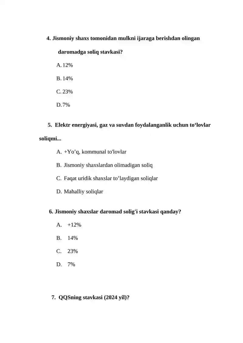 Soliqlar va soliqqa tortish Fanidan Testlar 2