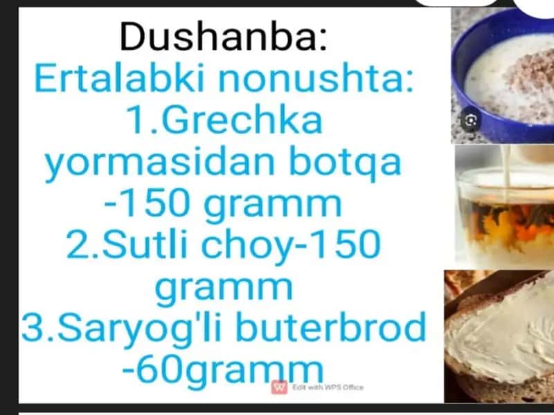 Yozgi sog'lomlashtirish davri uchun beshta kunlik ovgatlanish menyusi 2