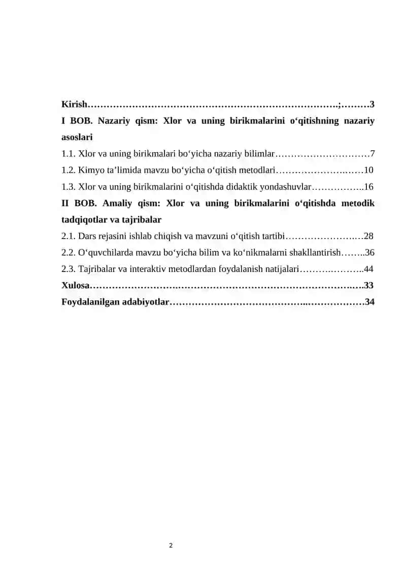 Xlor va uning birikmalari mavzusini oʻqitish metodikasi 2