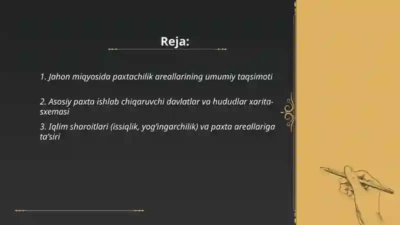 Jahon boʻyicha paxtachilik areallari xarita-sxemasini tuzish 2