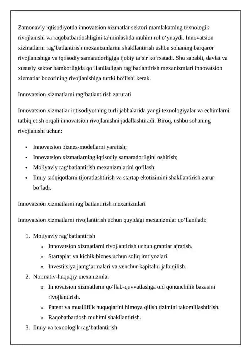 INNOVATSION XIZMATLAR FAOLIYATNI RAG’BATLANTIRISH MEXANIZIMINI 2