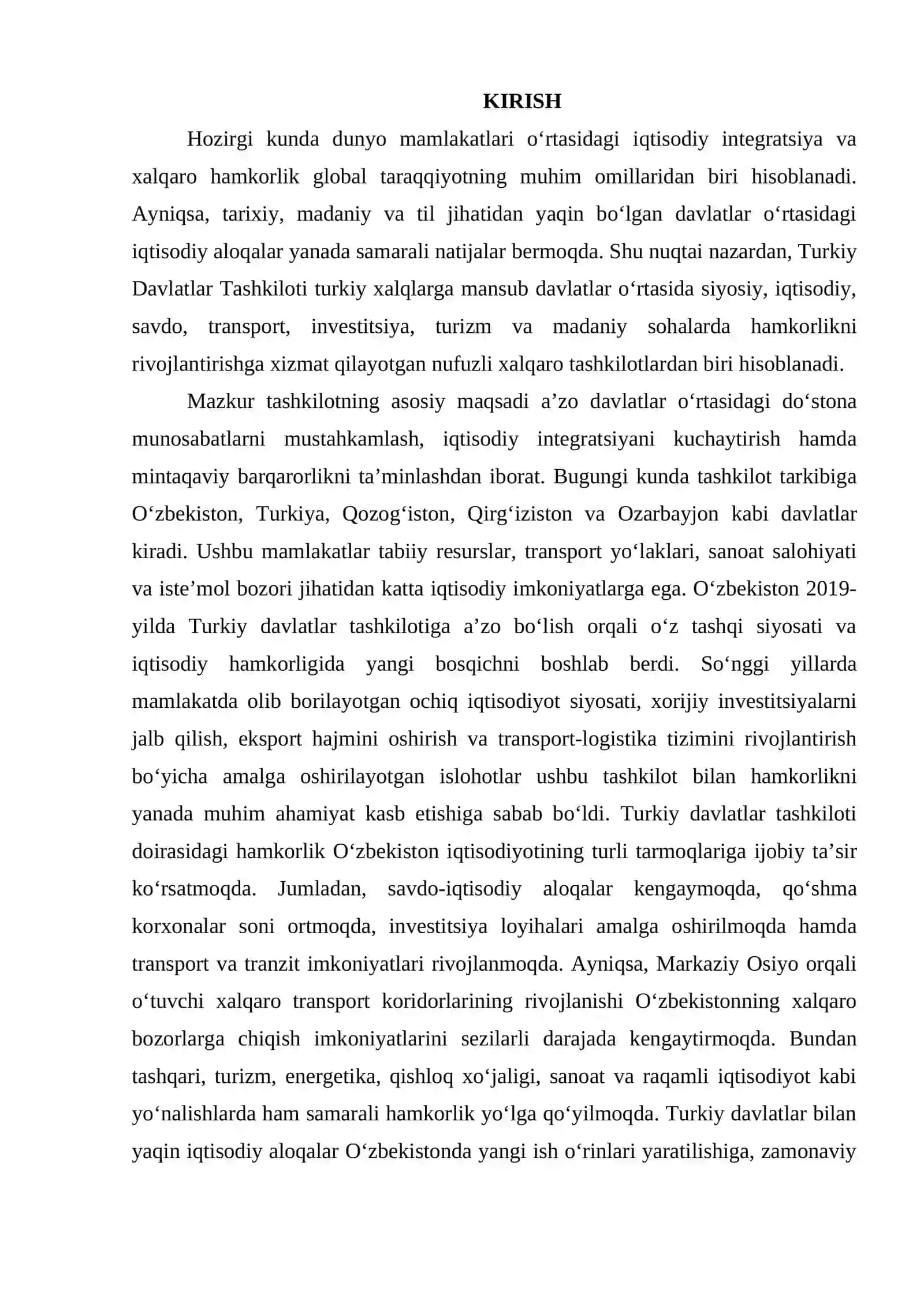 Turkiy davlatlar tashkilotining O'zbekiston Respublikasi iqtisodiyotiga ta'siri 2