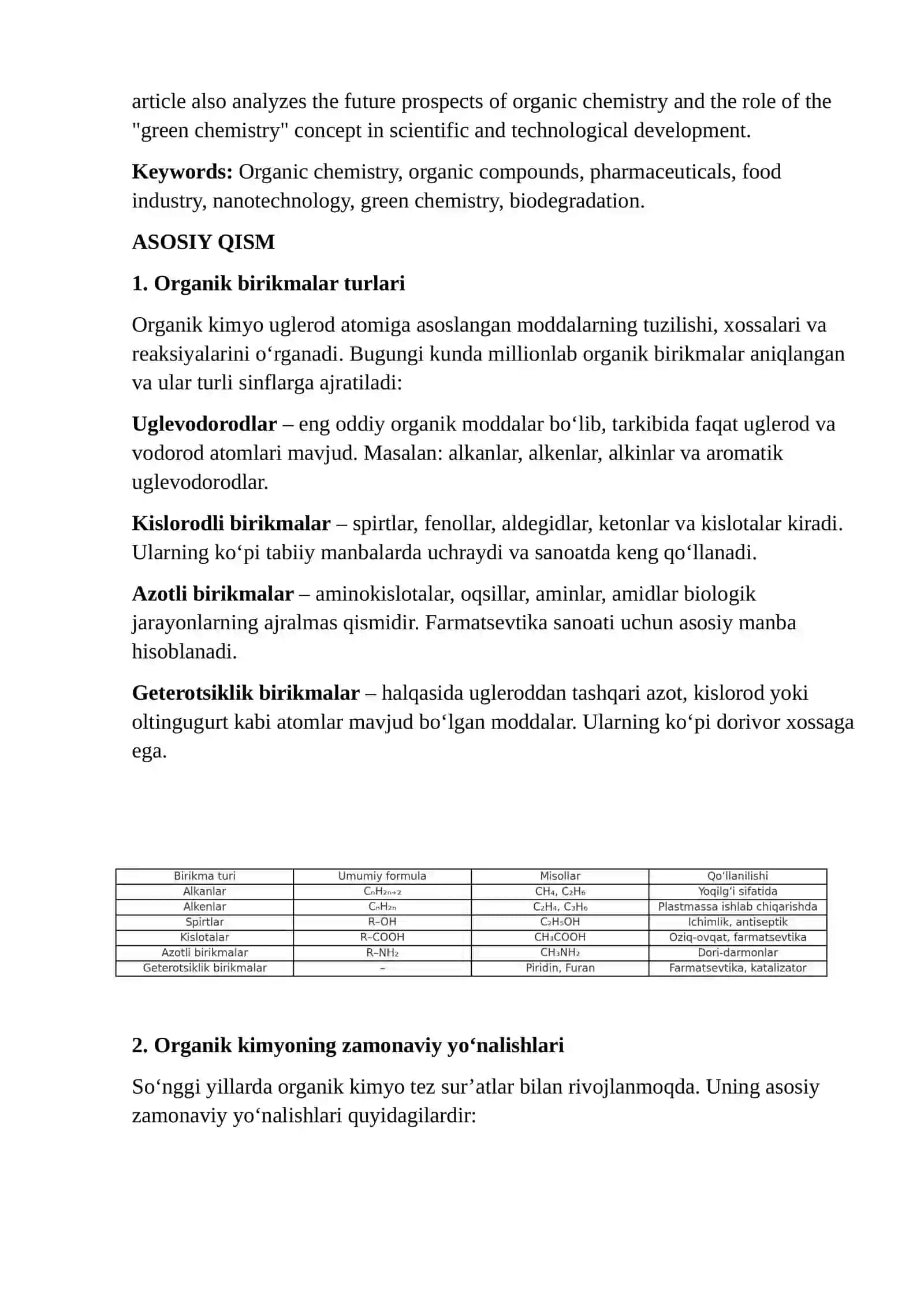 ORGANIK KIMYONING ZAMONAVIY YO‘NALISHLARI VA HAYOTIMIZDAGI O‘RNI 2