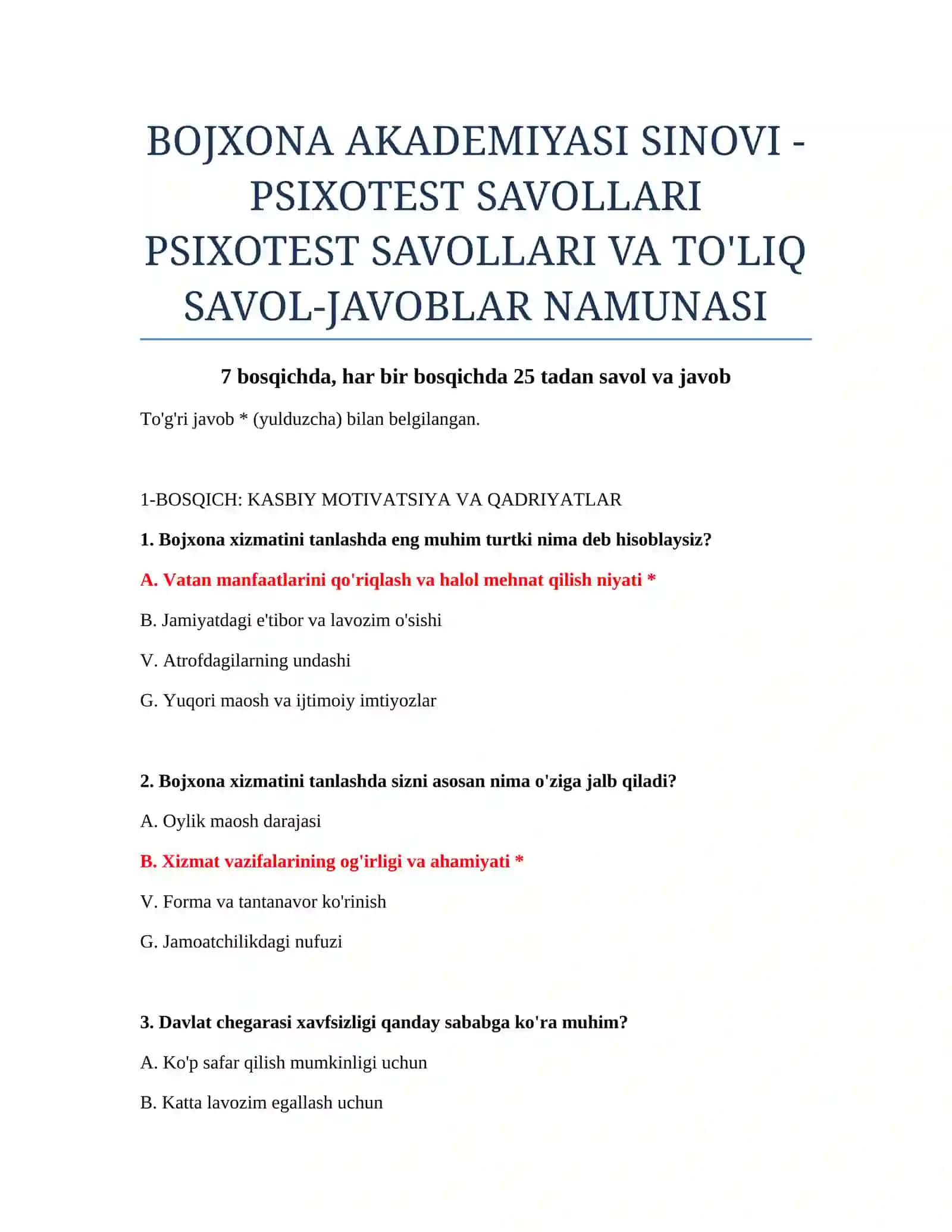 BOJXONA AKADEMIYASI SINOVI - PSIXOTEST SAVOLLARI 2