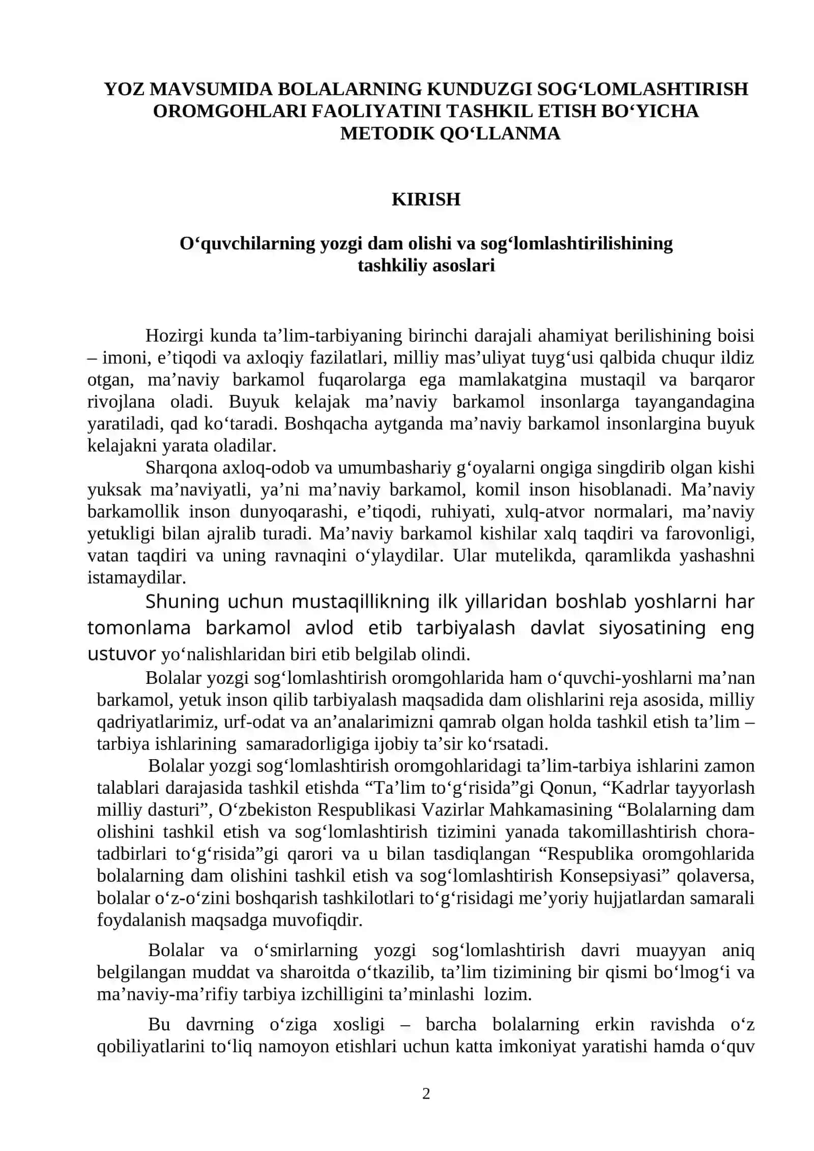 Yoz-2026 Yo'z Mavsumida Bolalarning Kunduzgi Sog'lomlashtirish Oromgohlari Faoliyatini Tashkil Etish Bo'yicha Metodik Qo'llanma 2