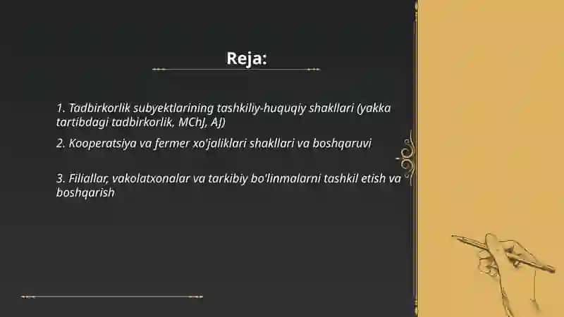Tadbirkorlik faoliyatining shakllari va boshqarishning bozor tizimlari 2