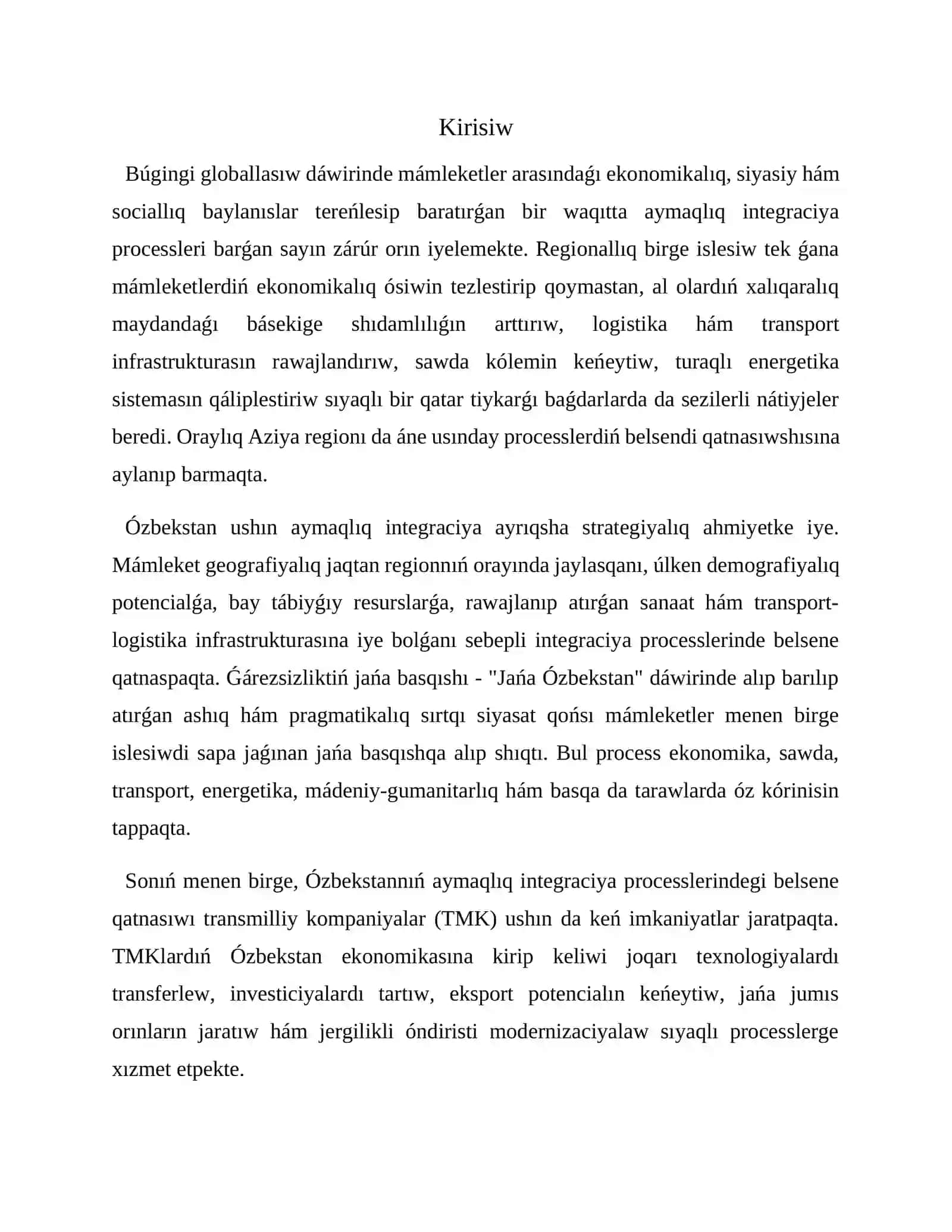Ózbekstannıń aymaqlıq integraciyalıq processlerindegi qatnasıwı hám TMKlardıń imkaniyatları 2