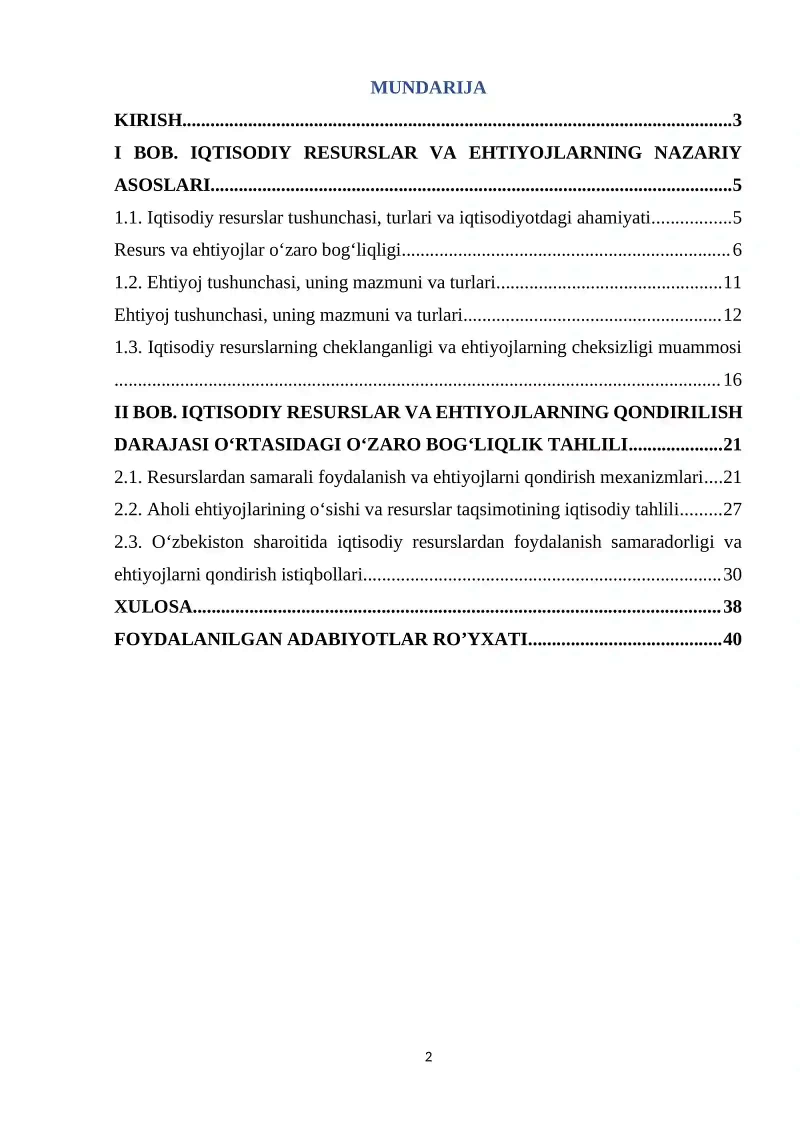 Iqtisodiy resurslar va ehtiyojlarning qondirilish darajasi o’rtasidagi bog’liqlik 2