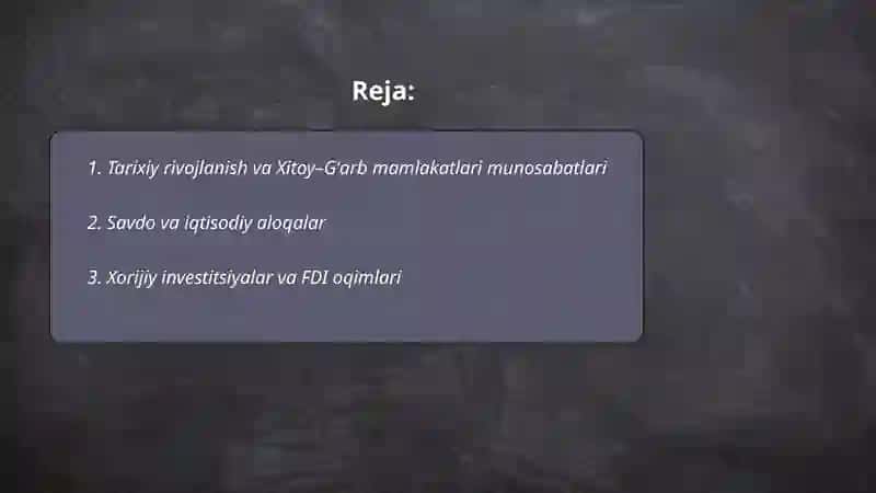 Xitoy va Gʻarb mamlakatlari munosabatlari XIX asrda Opiya urushlari 1839–1842 va 1856–1860 hamda nojavobli shartnomalar bilan boshlandi 2