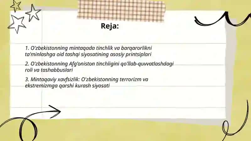 O'zbekistonning mintaqada tinchlik va barqarorlikni ta'minlashga oid tashqi siyosati 2