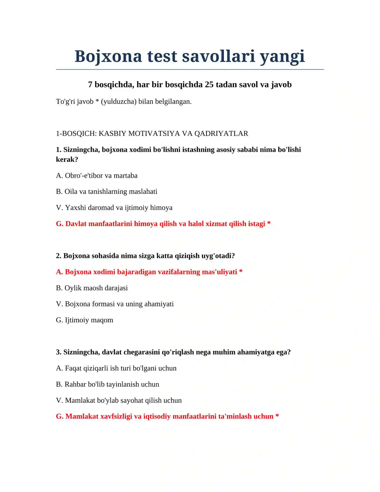Bojxona test savollari yangi 2