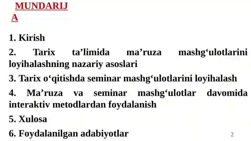 Tarix fanini o‘qitishda ma’ruza va seminar mashg‘ulotlarini loyihalashtirish 2