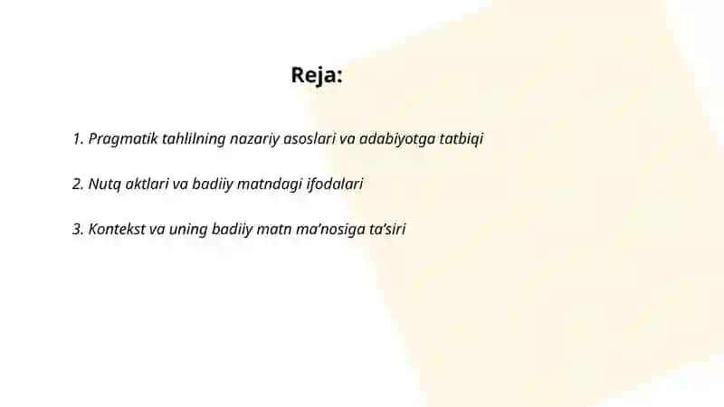 Oʻrta maktab "Adabiyot" darsiga qoʻshimcha mashg‘ulot uchun mo‘ljallangan pragmatik tahlil darsi 2
