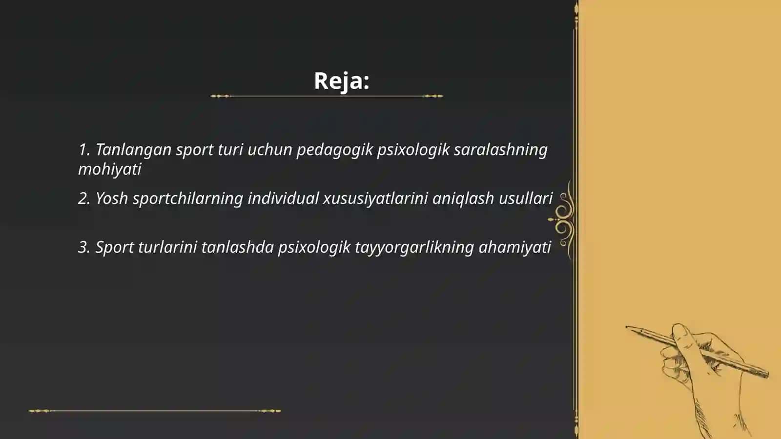 Tanlangan sport turiga saralash va yonaltirishning umumiy (pedagogik psioxologik, tibbiy -biologik) asoslari 2