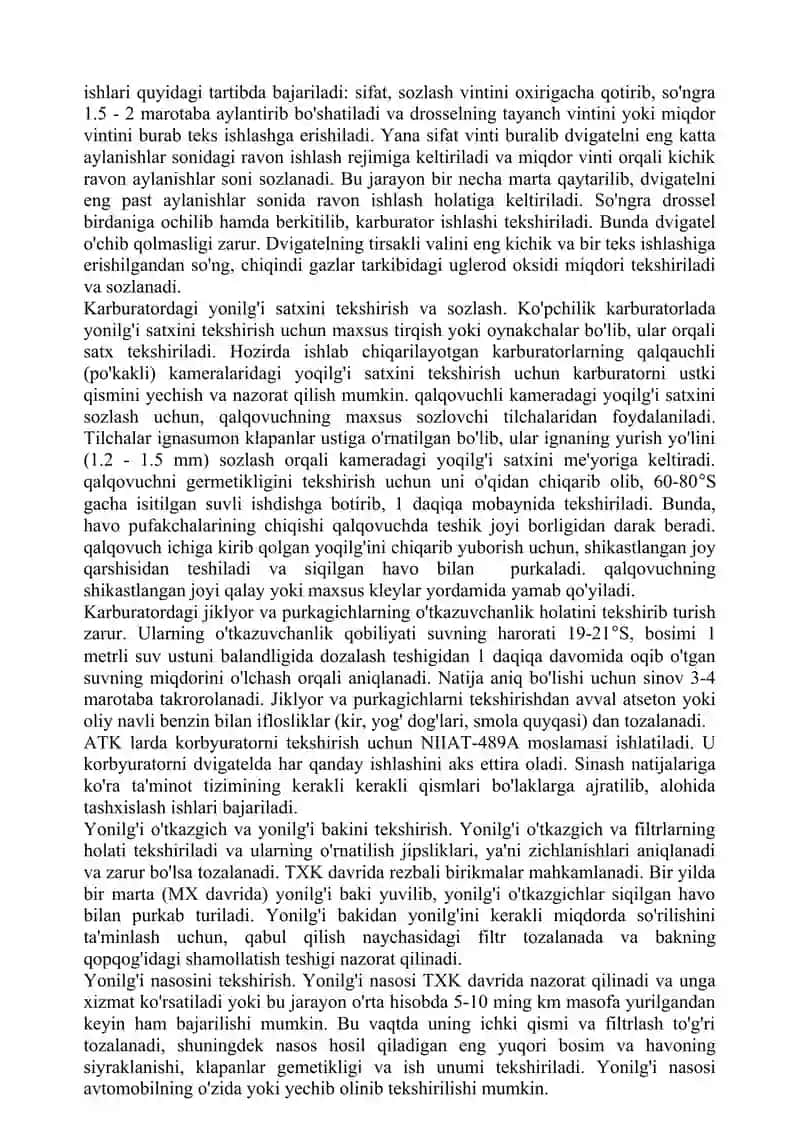 Karbyuratorli va injektorli dvigatelning ta'minlash tizimi tuzilishi va ularga texnik xizmat ko'rsatish 2